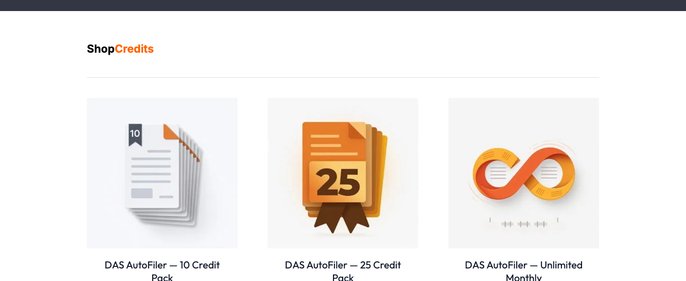 The Shop page showing a 10 Credit Pack, a 25 Credit Pack, and an Unlimited Monthly subscription