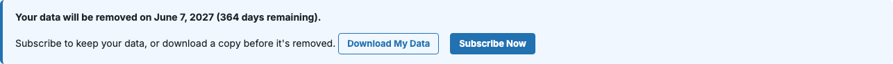 A data-retention notice showing the removal date, days remaining, and Download My Data and Subscribe Now buttons