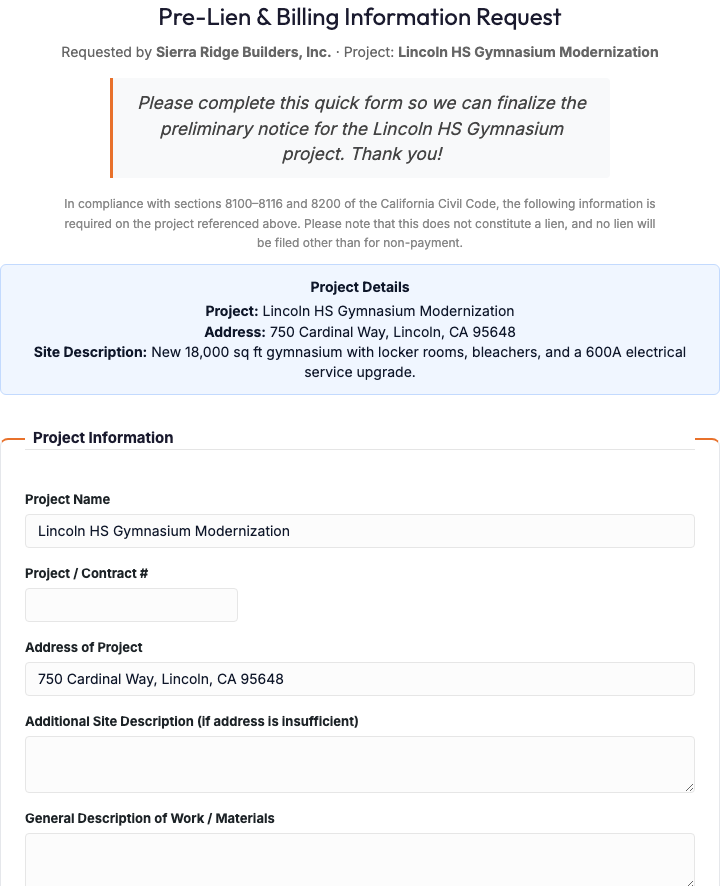 The recipient's Pre-Lien and Billing Information Request page, pre-filled with the project details and ready to complete with no account
