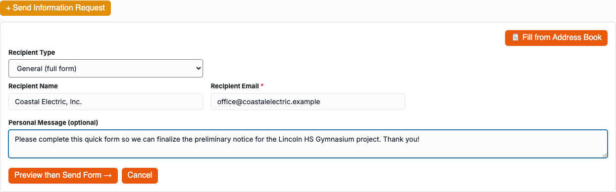 The Send Information Request form with recipient type, recipient name and email, an optional personal message, and a Preview then Send Form button
