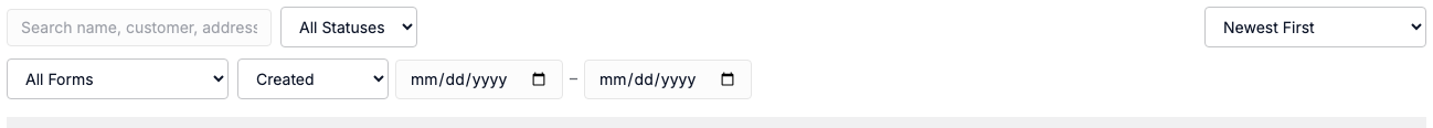 The Projects tab search and filter toolbar: a smart-search box above a row of Form Type, Status, and date-range filter controls