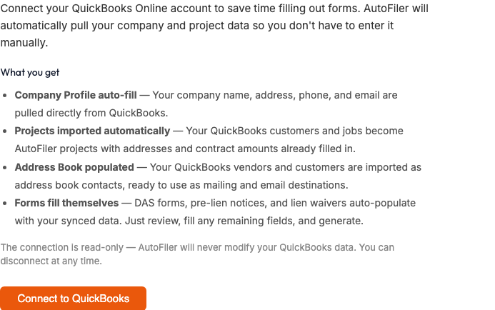 The My Account QuickBooks connection page with a Connect to QuickBooks button and explanatory text describing read-only access and the Sync Company, Sync Projects, Sync Address Book, and Disconnect buttons