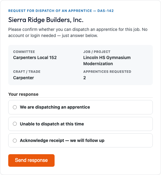The no-login recipient response page for a DAS-142, with options to acknowledge receipt, confirm dispatch with an apprentice name and report date, or report unable to dispatch with a reason