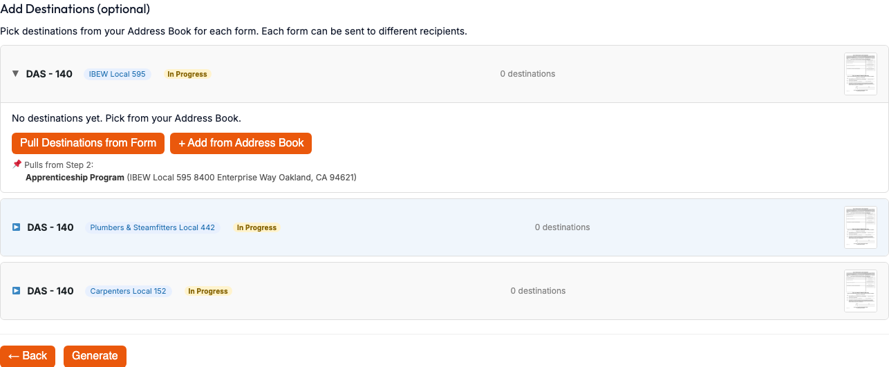 Step 3 of the form wizard, showing per-form destination sections with Pull Destinations from Form and Select from Address Book buttons, and added email and mailing recipients