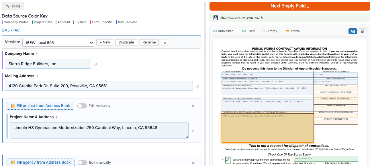 AutoFiler's split-view editor — form fields beside a live PDF preview